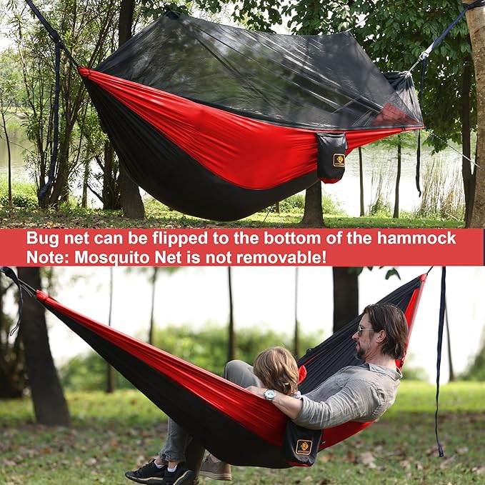 Camping Hammock with Net,Portable Lightweight Double Hammocks with Tree Straps and Solid D-Shape