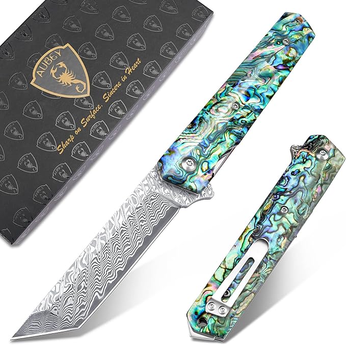 AUBEY Damascus Pocket Knife with Clip, Sharp Tanto Blade with VG10 Core Folding Knife with Abalone