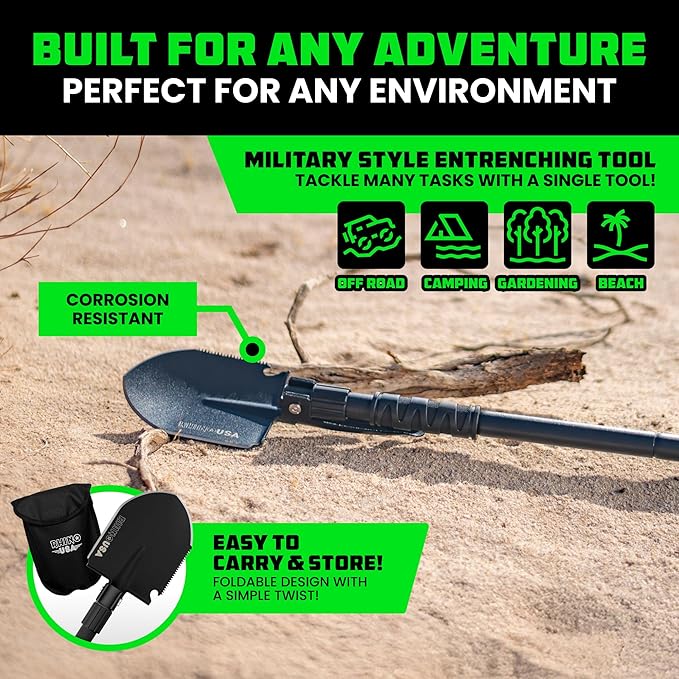Rhino USA Survival Shovel w/Pick - Heavy Duty Carbon Steel Military Style Entrenching Tool for Off