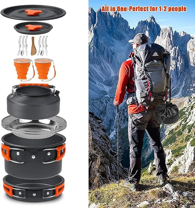 Camping Cooking Set Camping Cookware Outdoor Aluminum Mess Kit with Frying Pan, Pot with Lid, 1.2L