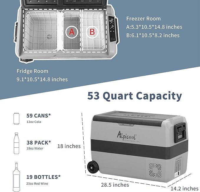 Alpicool T50 Dual Temperature Control 12 Volt Refrigerator 53 Quart Portable Car Fridge Freezer