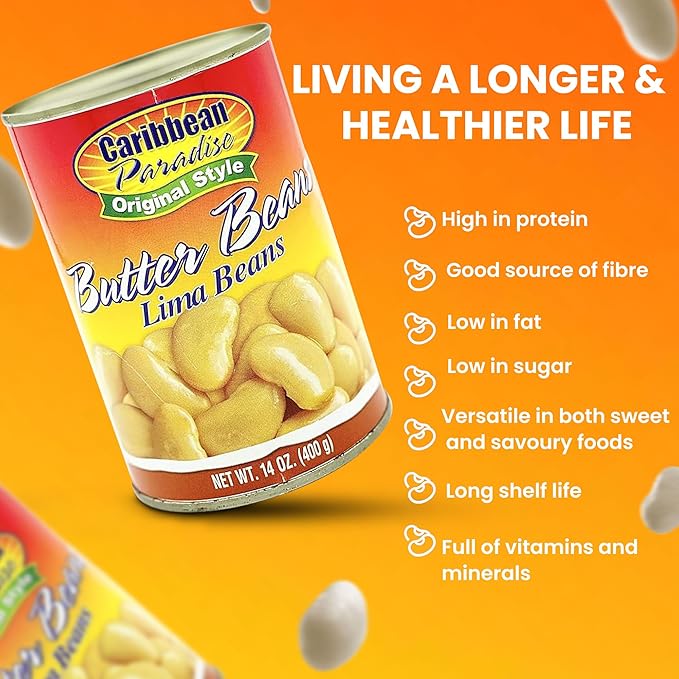 Caribbean Paradise Butter Beans, Canned Lima Beans 14 Oz (Pack of 4)