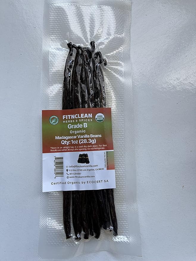 1oz Madagascar Vanilla Beans Grade B. Certified USDA Organic for extract, Cooking and Paste 5"-7"