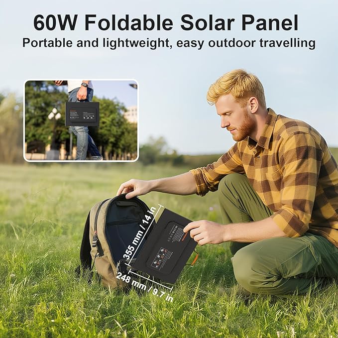 60W Portable Solar Panels Charger with USB-C, USB-A and DC Outputs Foldable IP67 Waterproof Solar