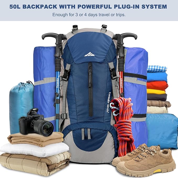 Loowoko 50L Hiking Backpack, Waterproof Camping Essentials Bag with Rain Cover, 45+5 Liter