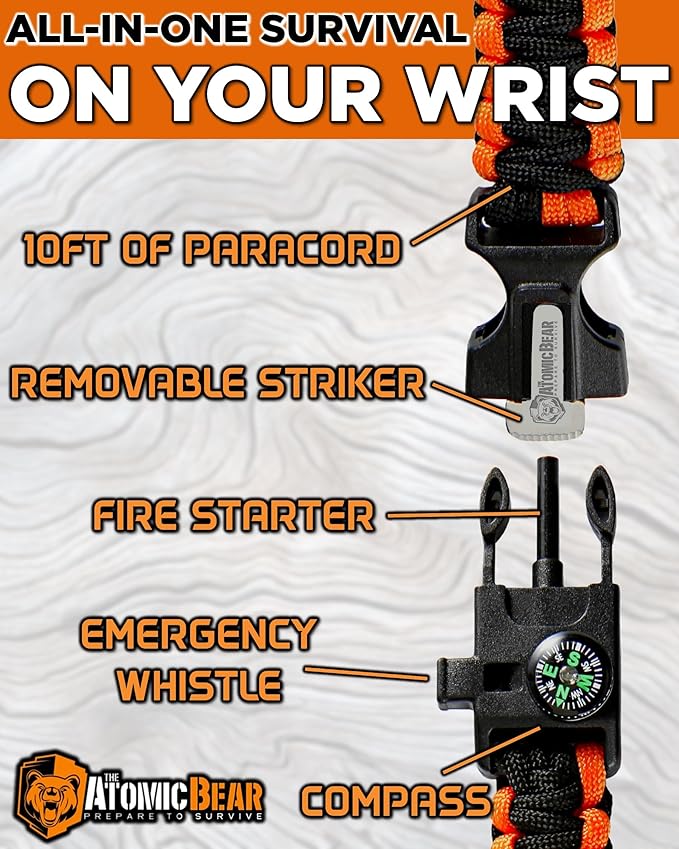 Atomic Bear Paracord Bracelet (2 Pack) - Adjustable - Fire Starter - Loud Whistle - Perfect for