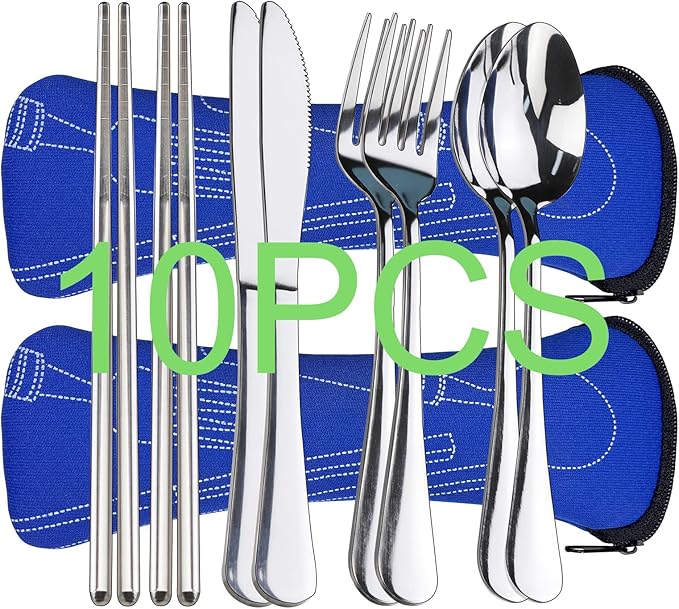 10PCS Portable Silverware Set with Case, Lengnoyp Travel Camping Utensils Set, Premium Stainless