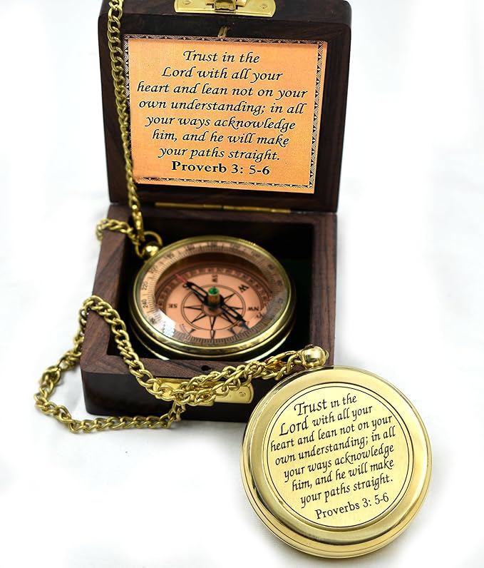 Trust in The Lord With All Your Heart - Proverbs 3:5-6 Quote Engraved Compass With Wooden Box