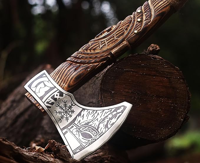 Wazir Crafts Viking Axe |Carbon Steel Engraved Blade with 18″ Wooden Handle & Leather Sheath |
