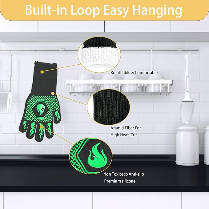 BBQ Fireproof Gloves, Grill Cut-Resistant Gloves 1472°F Heat Resistant Gloves, Non-Slip Silicone