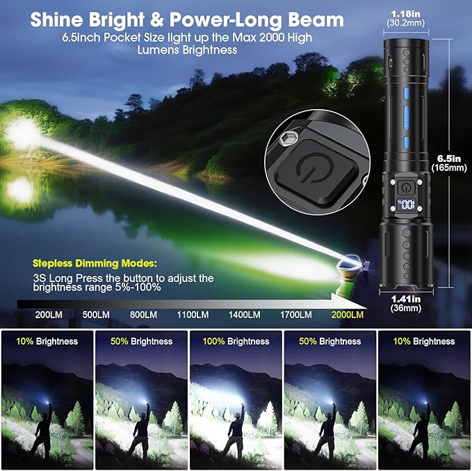 EDC Flashlights 2000 High Lumens Rechargeable - Long Beam Small Pocket LED Tactical Flashlight with