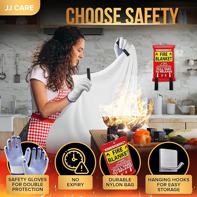JJ CARE Fire Blanket ??3 Packs with Hooks and Gloves ??Emergency Fire Blanket for Home & Kitchen