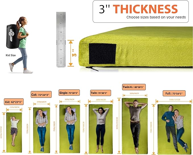 3 Inch GAIALOOP Thick Memory Foam Camping Mattress Sleeping Pad [Car/Tent/Cot] Glamping Portable