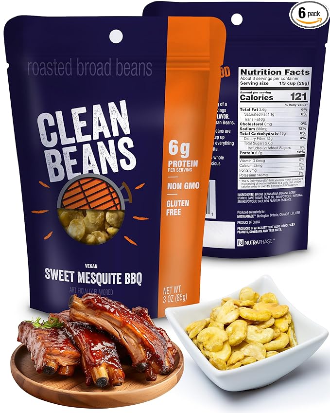 Clean Beans Broad Fava Beans Snack - Sweet Mesquite BBQ Flavor, 6g Protein, Low Sugar, Non-GMO