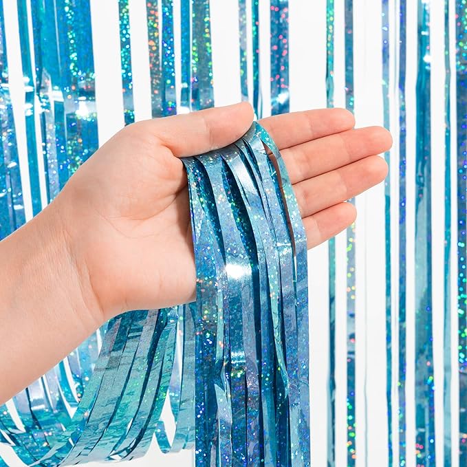 BRAVESHINE Pink Blue Tinsel Foil Fringe Curtains - 2Pcs 3.2x8.2ft Holidays Photo Streamers Backdrop