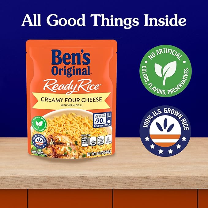 BEN'S ORIGINAL Ready Rice Creamy Four Cheese Flavored Rice, Easy Dinner Side, 8.5 oz Pouch (Pack of