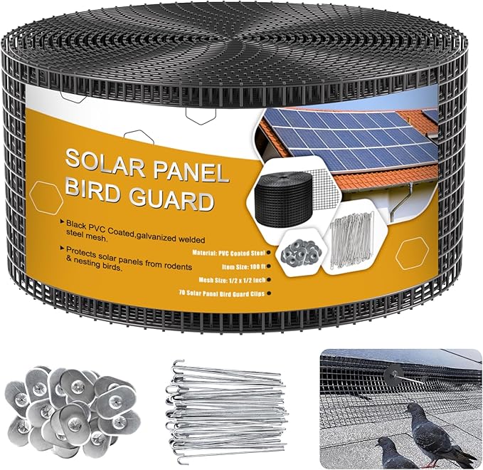 Solar Panel Bird Guard,8in x 100ft Critter Guard Galvanized PVC Coated Mesh Roll Kit,Black Pigeon
