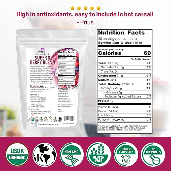 Z Natural Foods Super 8 Berry Blend - Organic Freeze Dried Berry Powder, Fruit Superfood Powder