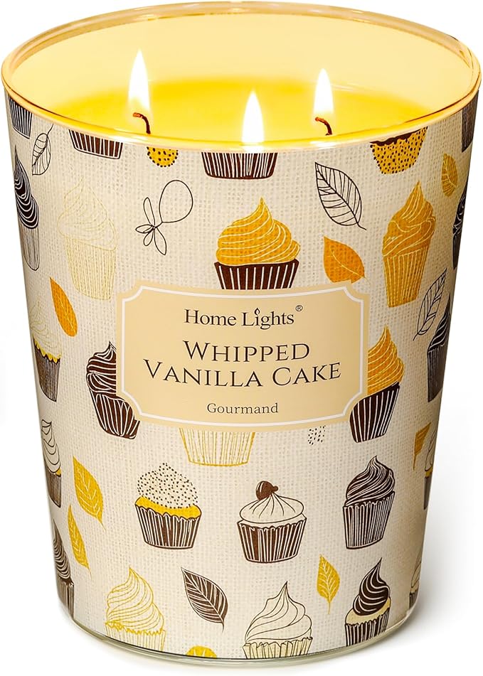 HomeLights Soy Wax Candles for Home Scented, 3-Wick Candles in Whipped Vanilla Cake Scented, Rustic