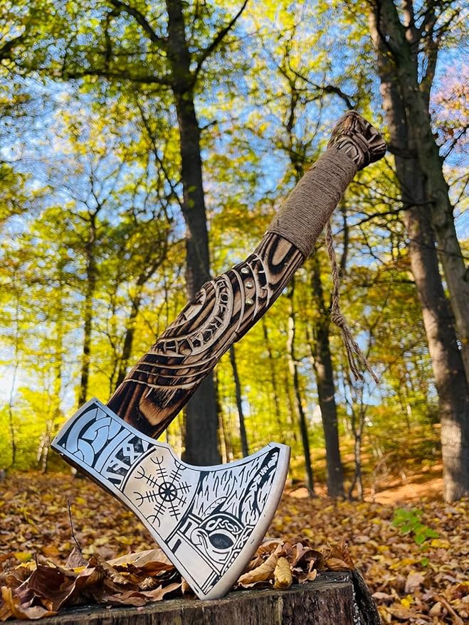 Hand Forged Viking Axe – Carbon Steel Blade with Ash Wood Handle and Leather Sheath, Camping