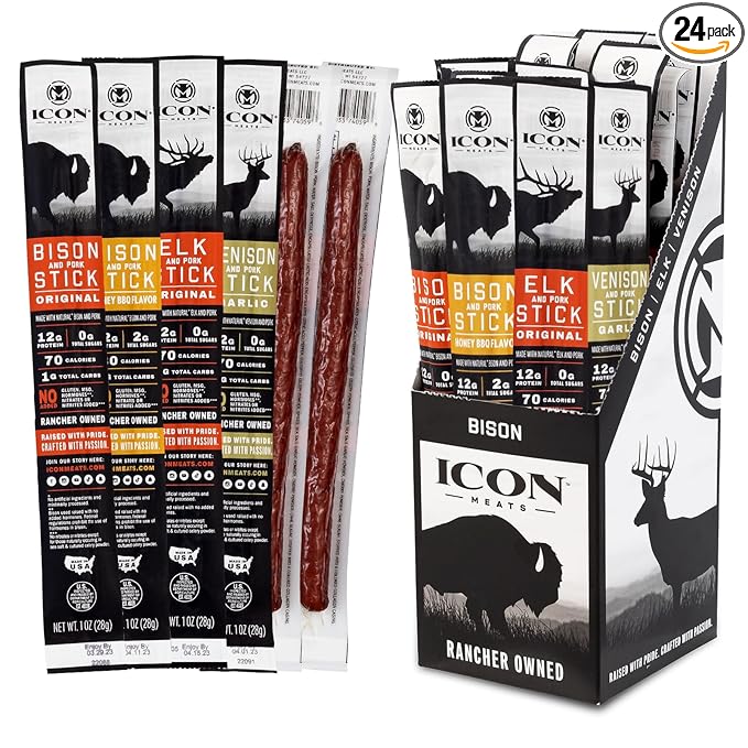 ICON Meats Snack Sticks Sampler - Assorted Flavors of Bison, Elk, Venison and Pork Jerky Sticks