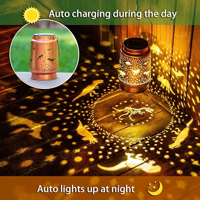 Dinosaur Solar Lanterns Outdoor Waterproof Hanging Solar Lights Dinosaur Gifts for Women Men Metal