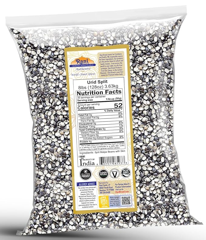Rani Urid/Urad Split Chilka (Split Matpe Beans with Skin) Indian Lentils 128oz (8lbs) 3.63kg Bulk ~