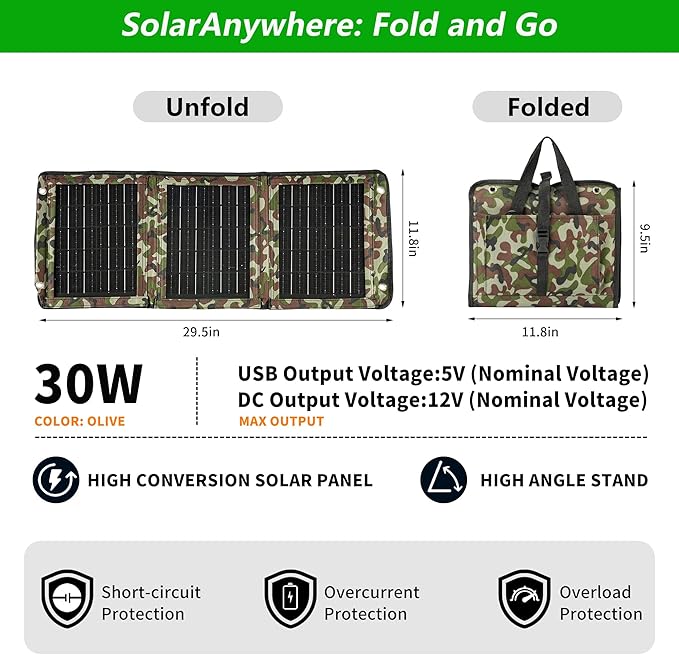 Upgraded Portable Solar Charger Foldable Solar Panels USB Ports 30W Solar Charger(5V/3A Max)