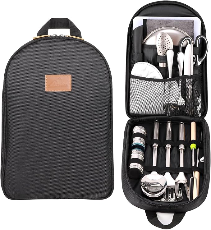 Portable Camping Kitchen Utensil Set-27 Piece Cookware Kit, Stainless Steel Outdoor Cooking and