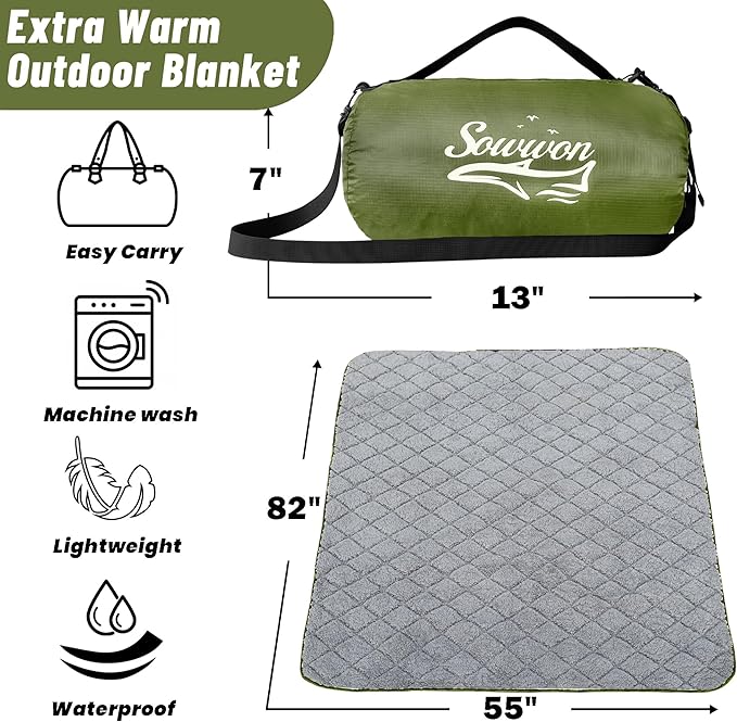 Waterproof Outdoor Blanket 82”X 55” Packable, Stadium Blankets for Camping with Sherpa Fleece
