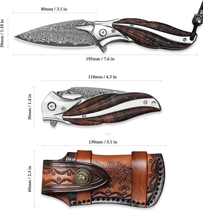 Handmade Japanese VG10 Damascus steel Folding Pocket Knife，With leather case，Liner Lock，3.1in high