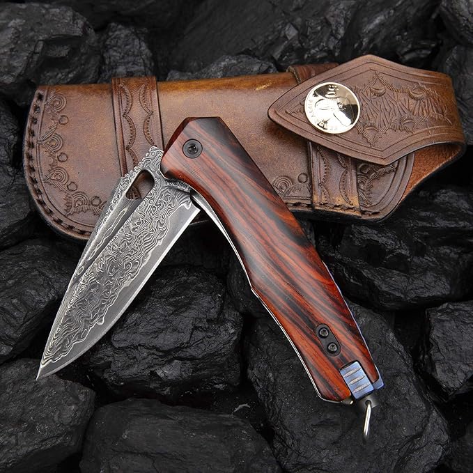 Damascus steel multifunctional EDC folding knife with self assembling pocket clip, lining lock