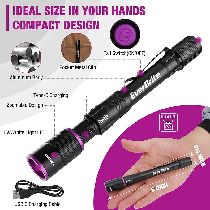 EverBrite Rechargeable Pen Flashlight with UV Light and White Light, 395nm Black Flashlight with