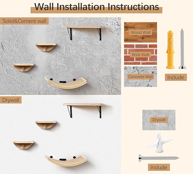 Cat Wall Shelves with Sisal Pads, 4-Piece Wooden Cats Furniture Set with Cat Window Perch, Flat