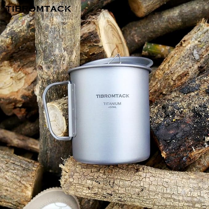 TIBROMTACK Camping Cup with Lid Pure Titanium Coffee Mug Ultralight 450ml Outdoor Small Camping Pot