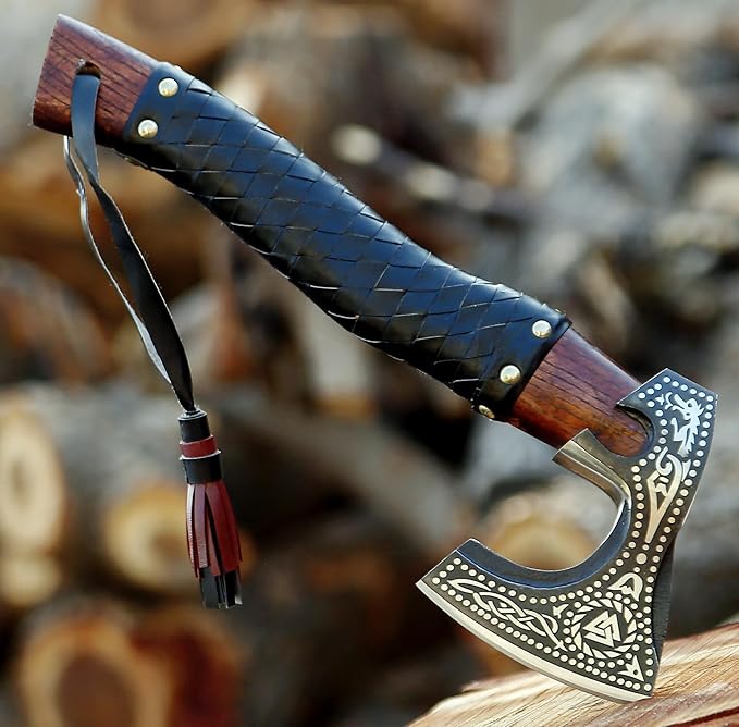 SHINY CRAFTS®- Engraved Viking Axe – Gift for Outdoorsman Hand-Forged Hatchet with Leather Wrap