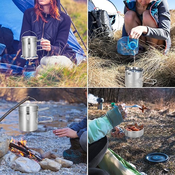 Lixada Camping Cooking Kettle 1L Stainless Steel Pot with Foldable Handle and Dual Use Cover
