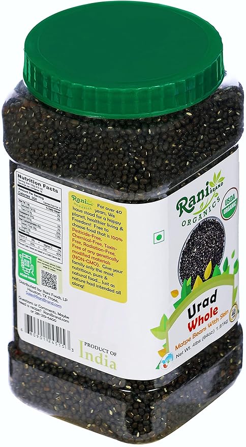 Rani Organic Urid/Urad Whole Black (Matpe Beans With Skin) Indian Lentils 64oz (4lbs) 1.81kg Bulk