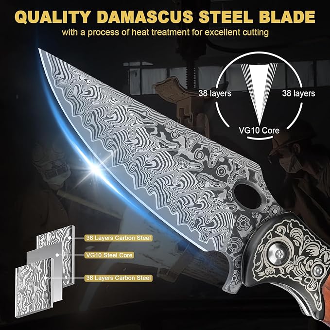 Damascus Pocket Knife, 3.3" Damascus Blade Wooden Handle EDC Pocket Knives & Folding Knives for Men