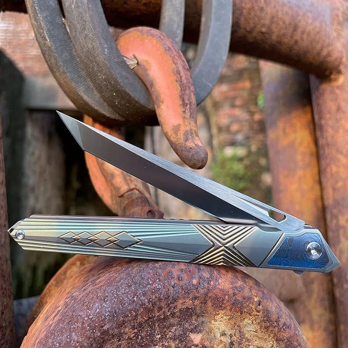 folding knife belt clip, M390 steel blade, outdoor camping knife, portable pocket knife titanium