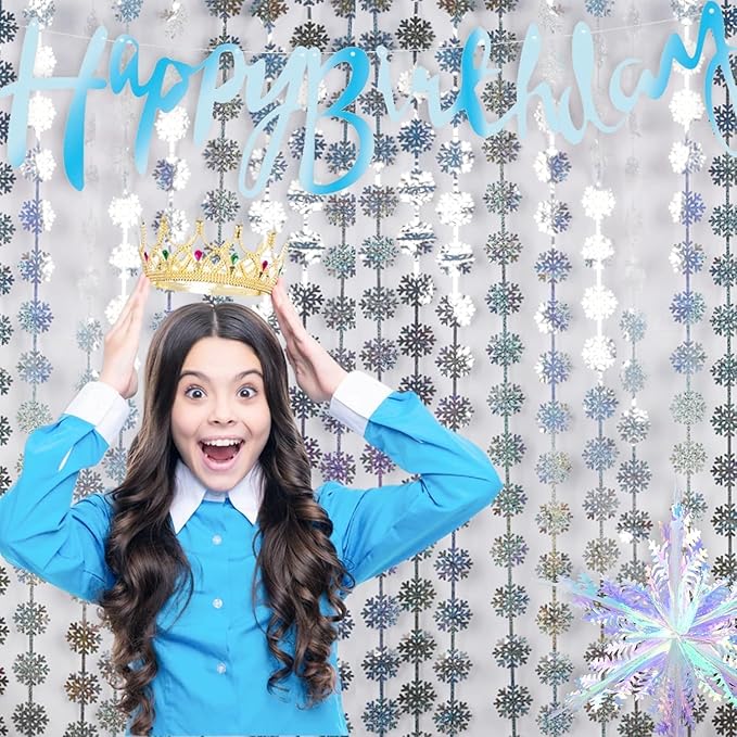 BRAVESHINE Silver Party Snowflake Backdrop - 2 Pack Hanging Foil Fringe Snow Flakes Party Streamers