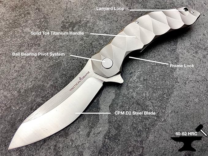 TACTICAL GEARZ Titanium Pocket Folding Knife, Solid Tc4 Titanium Handle, Razor Sharp CPM-D2 Steel