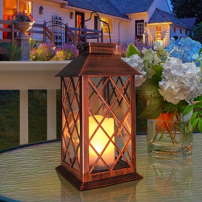 [2 Pack] TAKE ME 14" Solar Lantern Outdoor Garden Hanging Lantern Waterproof LED Flickering