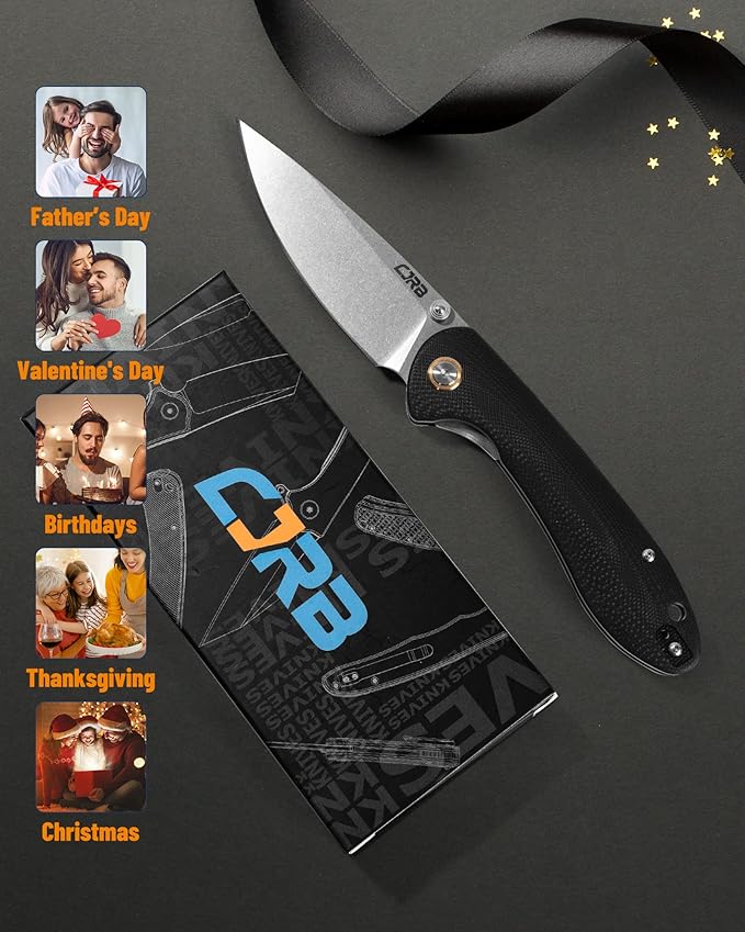 CJRB Feldspar Folding Knife - Stonewash D2 Steel Blade, G10 Tactical Handle, EDC Pocket Knife