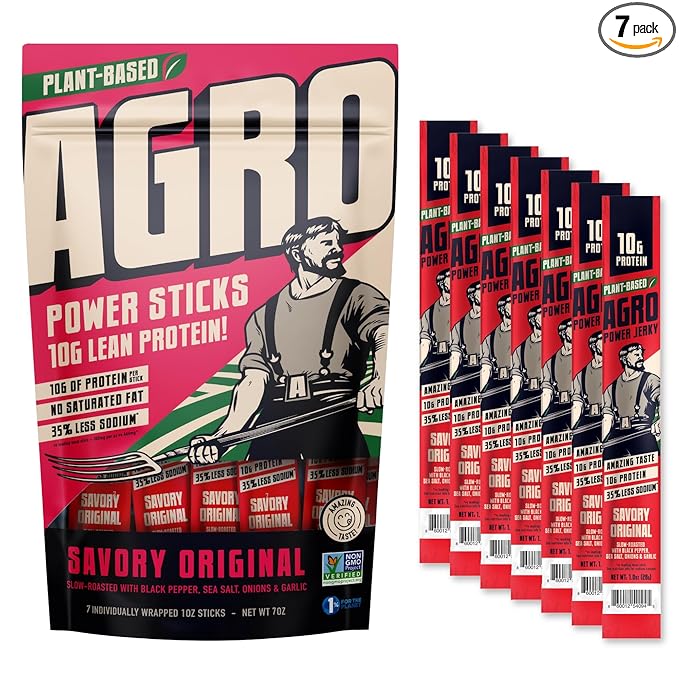 AGRO POWER Vegan Jerky Sticks, Savory Original Plant-Based, 7 Stick Bag with 10g Protein, Non-GMO