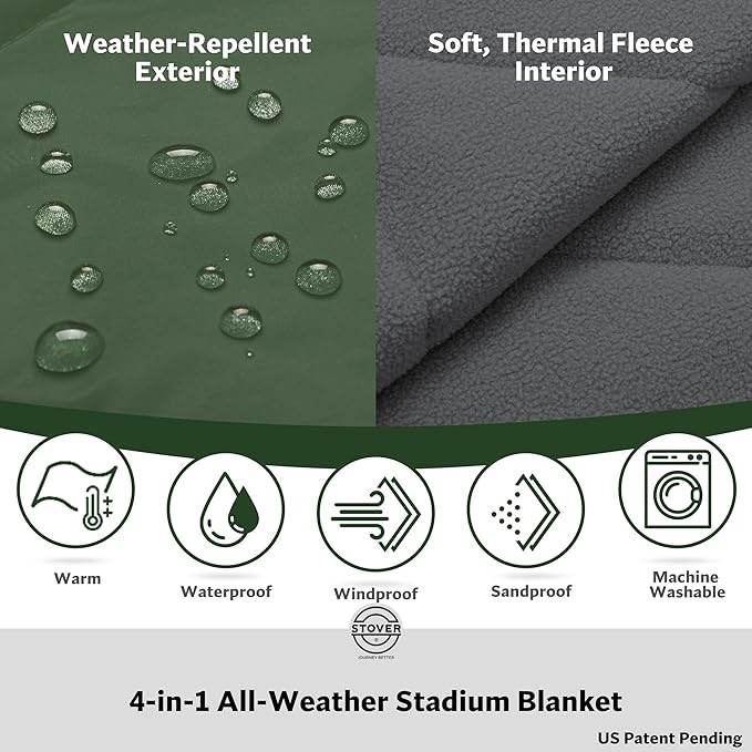 STOVER Waterproof Stadium Blanket – Portable Outdoor Camping Blanket for Travel, Picnics, or Sports