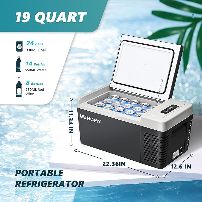 EUHOMY 12 Volt Refrigerator, 19QT(18L) Compressor Electric Cooler APP Control, Car Fridge -4℉~68℉