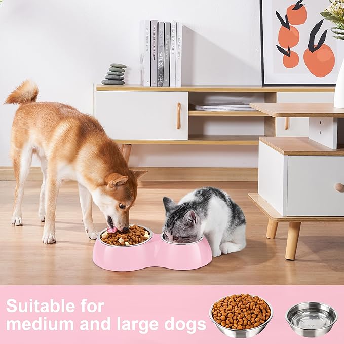 Double Dog Bowls Set ??Non-Slip Pet Food & Water Dishes with Resin Stand, Includes Small (1 Cup) &
