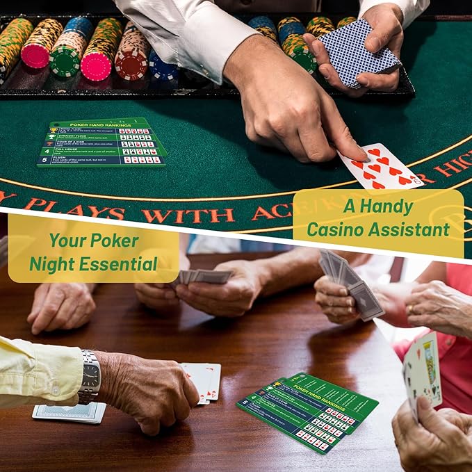 4-Pack (8 Cards) Poker Hand Rankings Cards Set with Magnifier & Clip, Texas Hold'em Cheat Sheet &