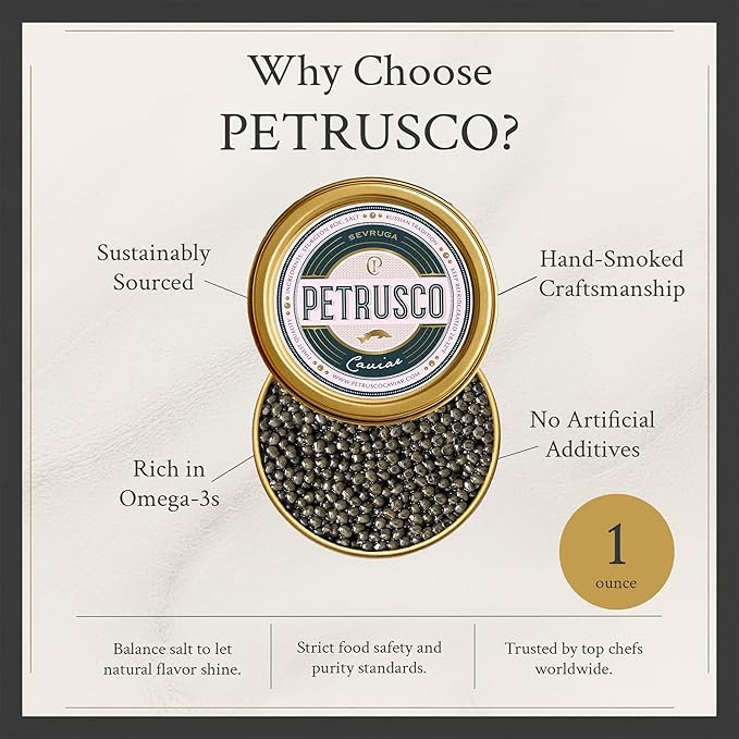 PETRUSCO Sevruga Black Caviar - Premium Fresh Seafood Sturgeon Fish Caviar - Rich, Buttery Flavor